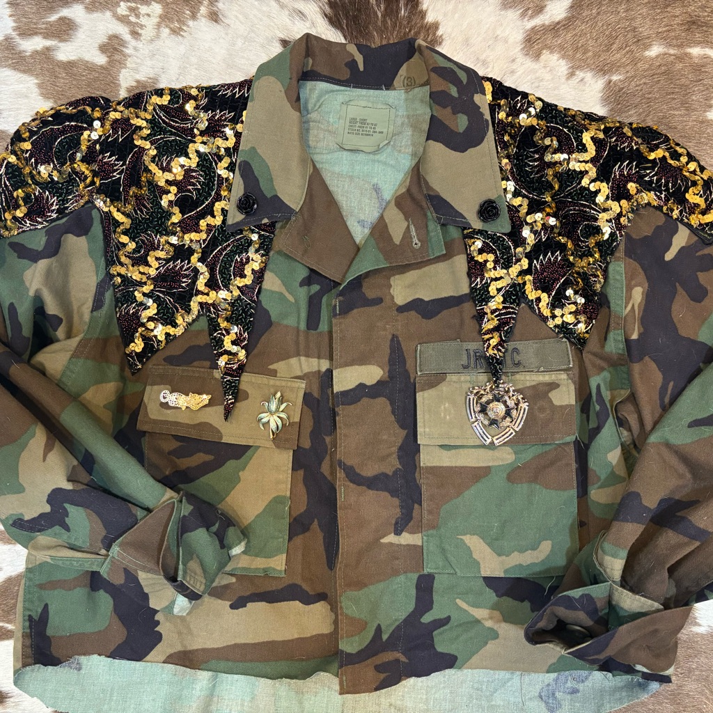 Camouflage Utility Jacket With Embroidered Accents And Vintage Pins